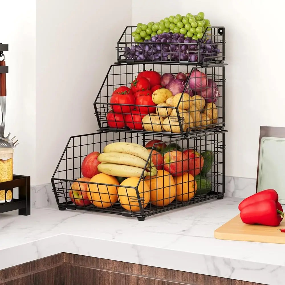 Stackable 3-Tier Produce Basket Wall-Mounted for Pantry Kitchen