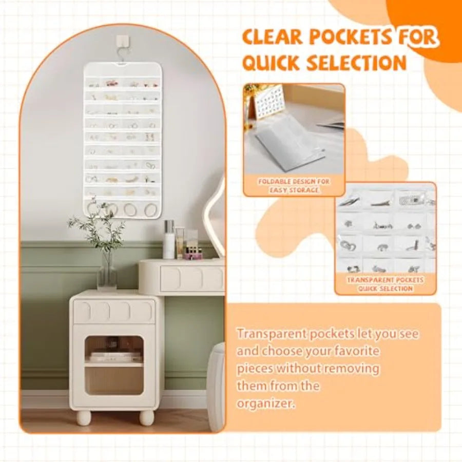 Hanging Jewelry Organizer, Double-Sided White Closet Jewelry Holder with Space-Saving Storage for Earrings, Rings, Bracelets &amp; Necklaces (White)