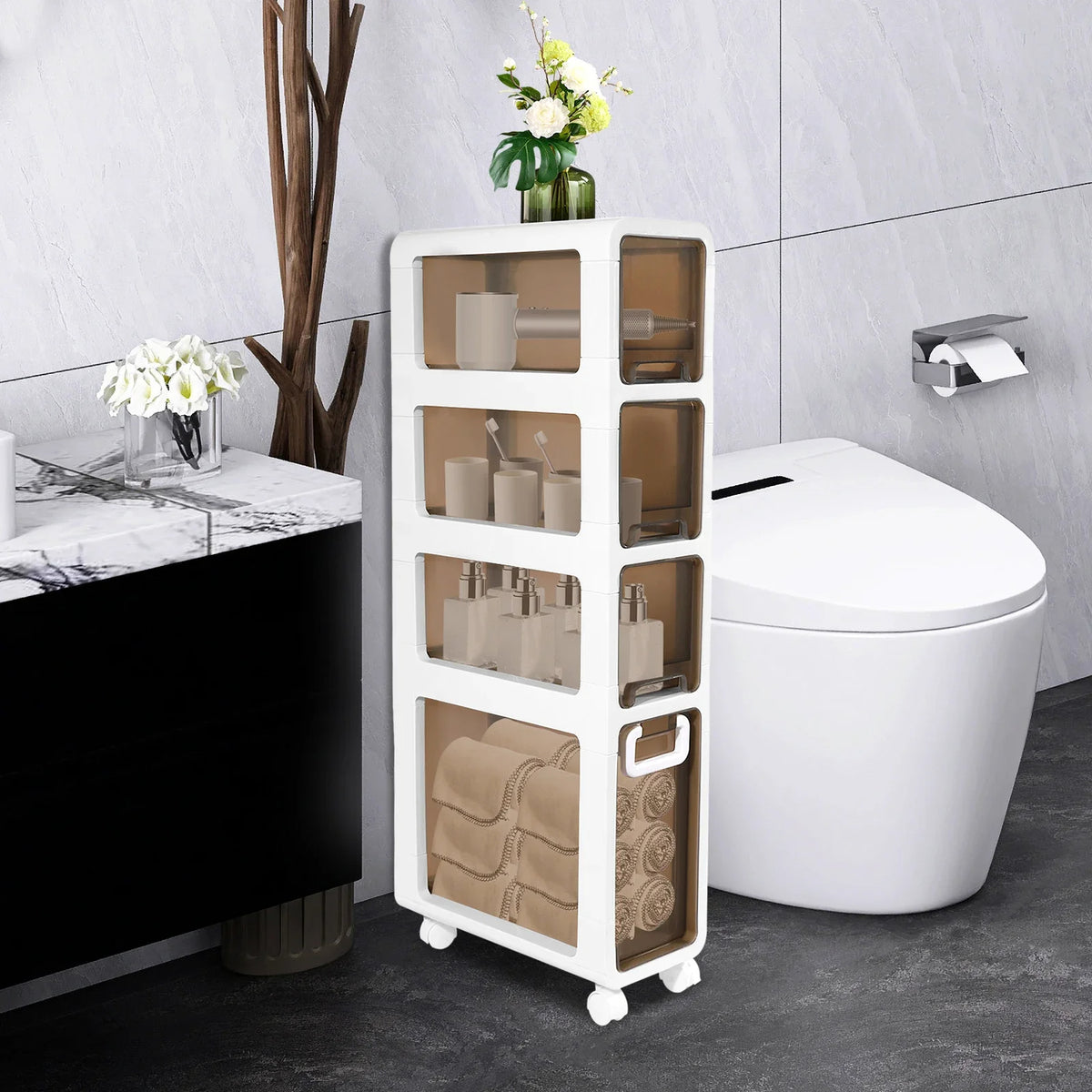 Slim Bathroom Storage Cabinet Narrow Toilet Paper Organizer &amp; Space Saver