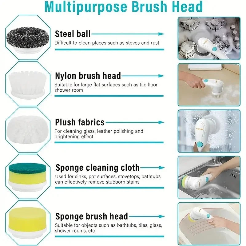 Rechargeable 5-in-1 Cordless Power Scrubber LED Light Multi-Surface Cleaning Brush