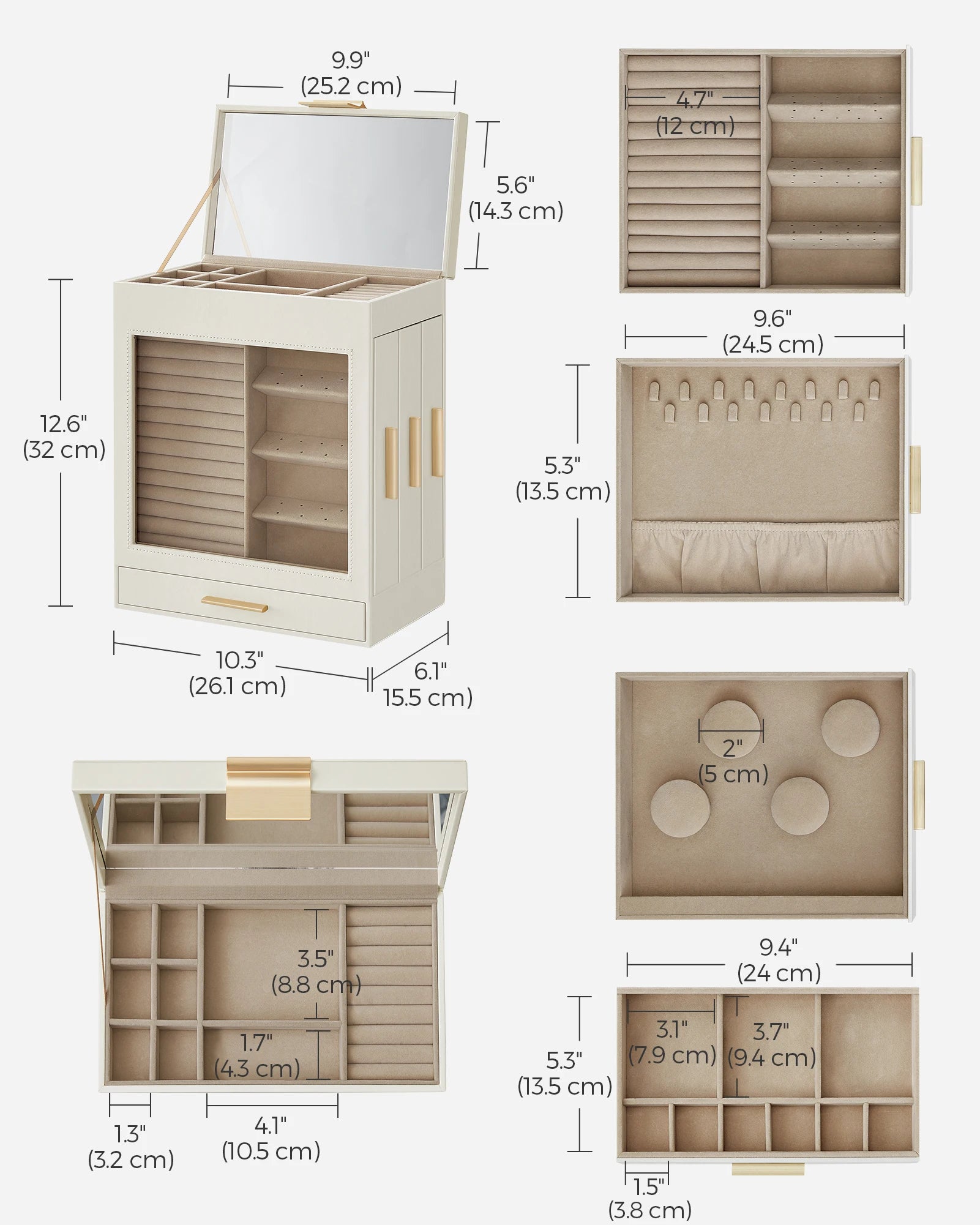 Modern Jewelry Box 5-Layer with 3 Drawers and Mirror (White)