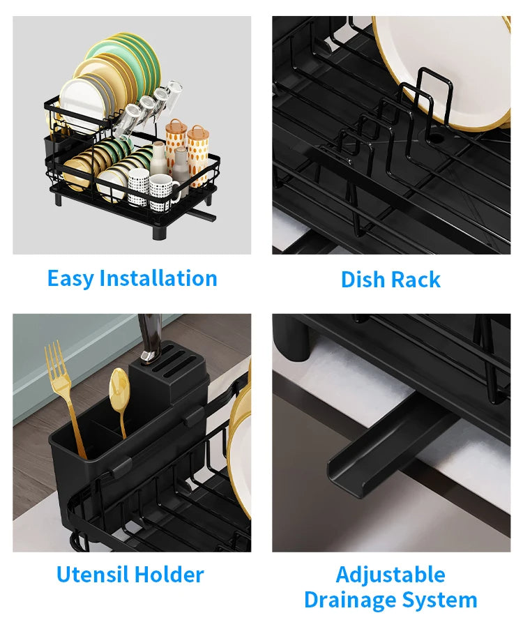 2-Tier Stainless Steel Dish Drying Rack (Black)