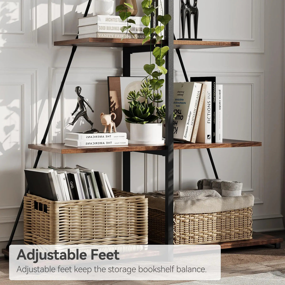 Narrow Wooden Bookcase 4-Tier for Living Room Bedroom (Brown)