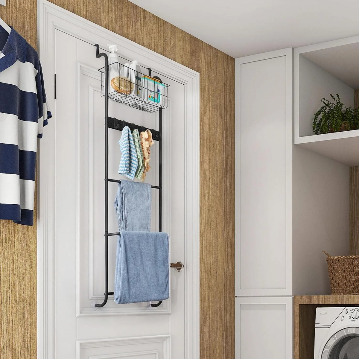 5-Tier Over Door Metal Towel Rack Heavy Duty Bathroom/Bedroom Organizer (Black)