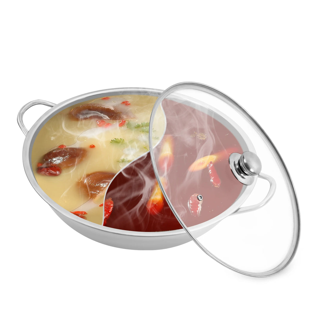 Stainless Steel Shabu-Shabu Hot Pot with Divider Glass Lid