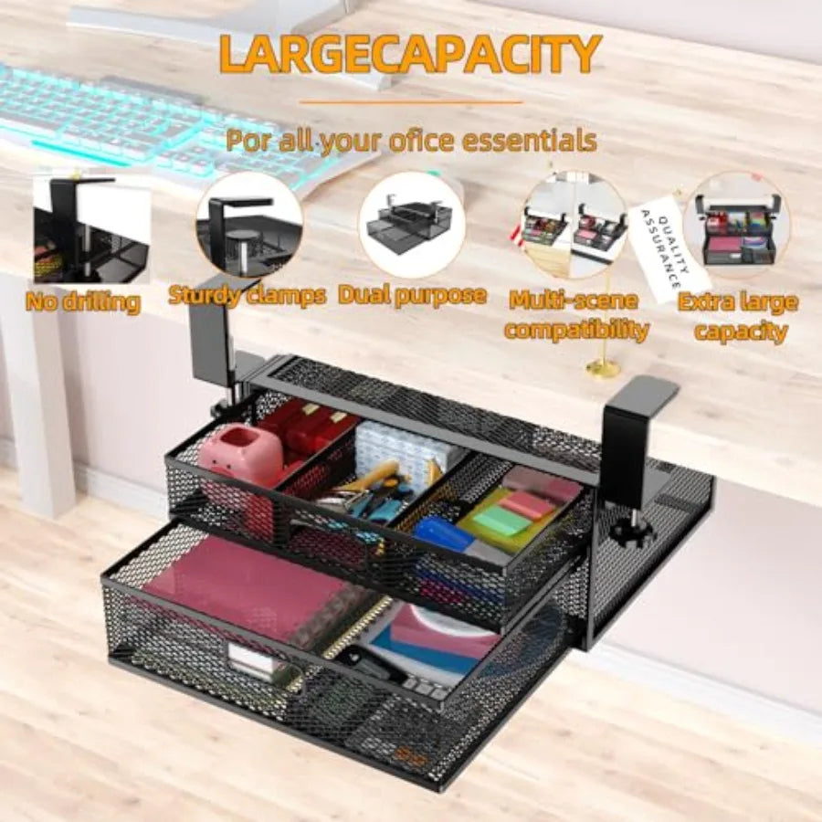 Under Desk Drawer Organizer No Drilling – 2 Slide Out Drawer Clamp-On Storage for Under Desk Management