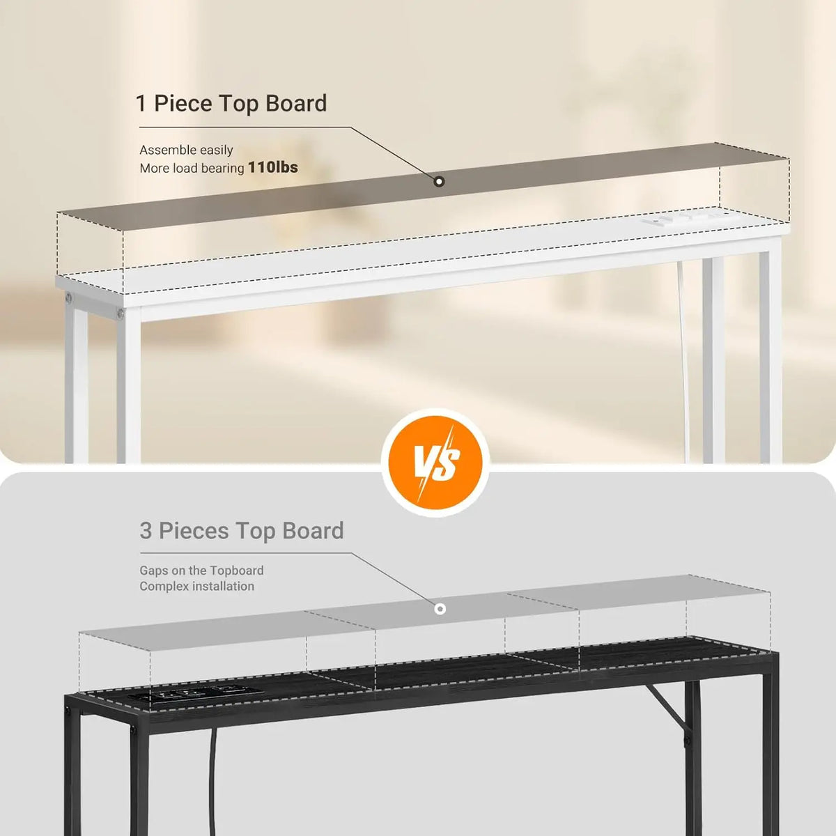 Sofa Console Table with Built-in Charging Station (Black)