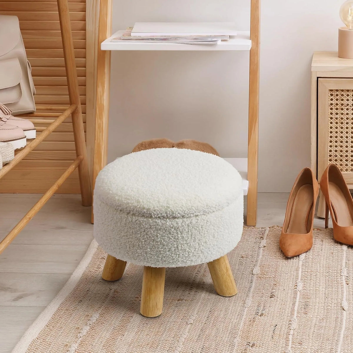 Nordic Boucle Footstool and Accent Furniture with Wooden Legs for Living Room (Black)