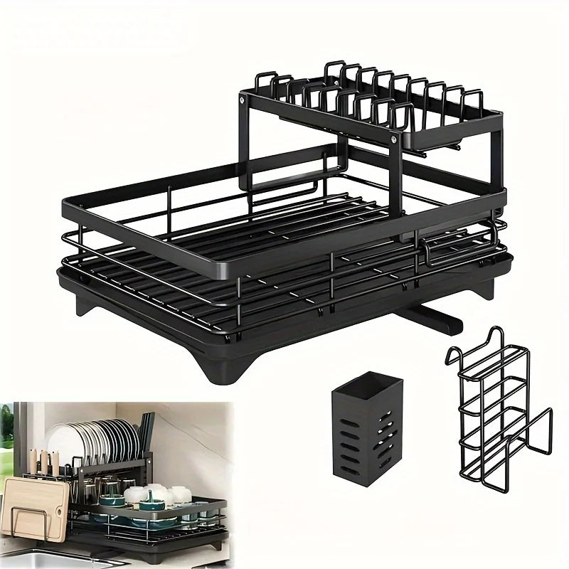 Extendable 2-Tier Dish Rack Organizer Large-Capacity Utensil Drainer (Black)