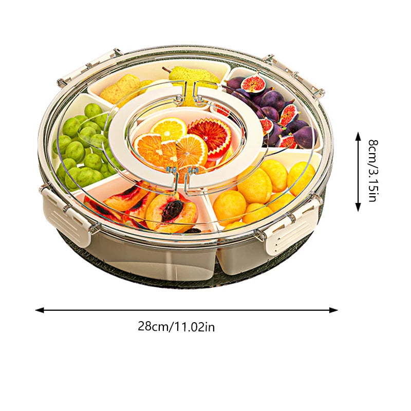 Rotating Fruit Tray with Lid &amp; Handle 6-Grid Clear Divided Snack Box