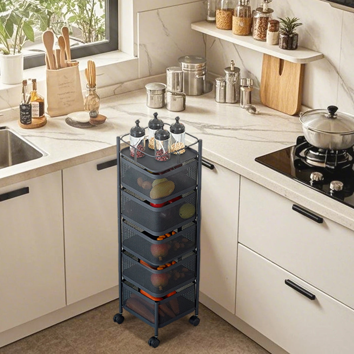 Rotating 5-Layer Iron Storage Trolley for Kitchen Living Room