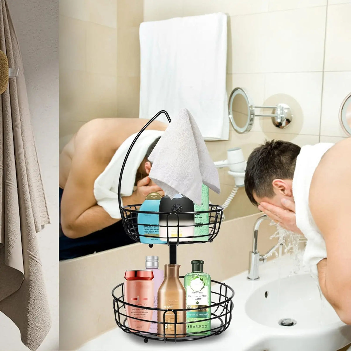 Kitchen Fruit Basket 2-Tier Countertop Storage with Banana Hook (Black)