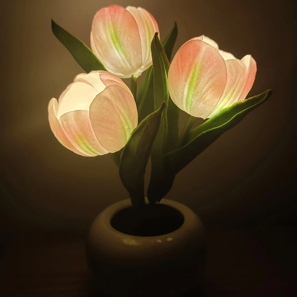 LED Tulip Night Light Realistic Artificial Flower Table Lamp for Home Decor (White)