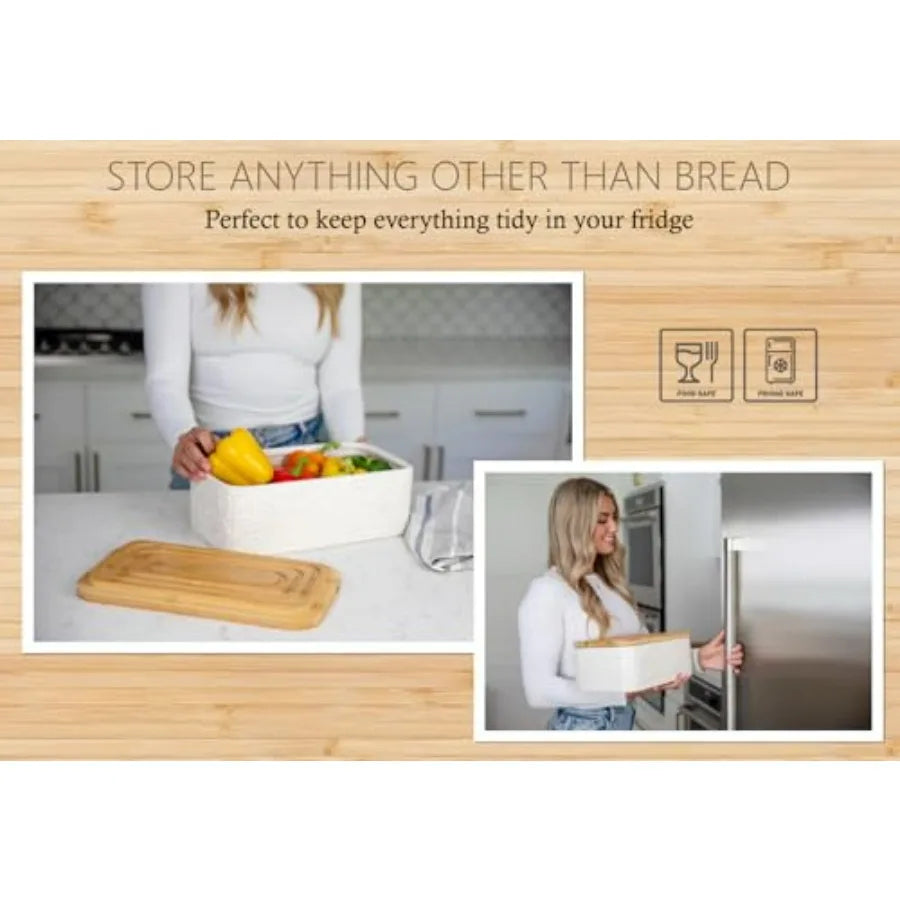 Ceramic Bread Box Storage Container with Thick Bamboo Cutting Board Lid for Kitchen Countertop