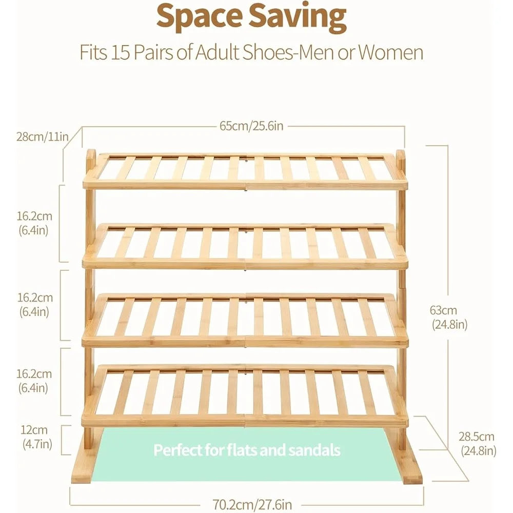 Bamboo Shoe Rack 4-Tier Wood Storage Organizer Shelf