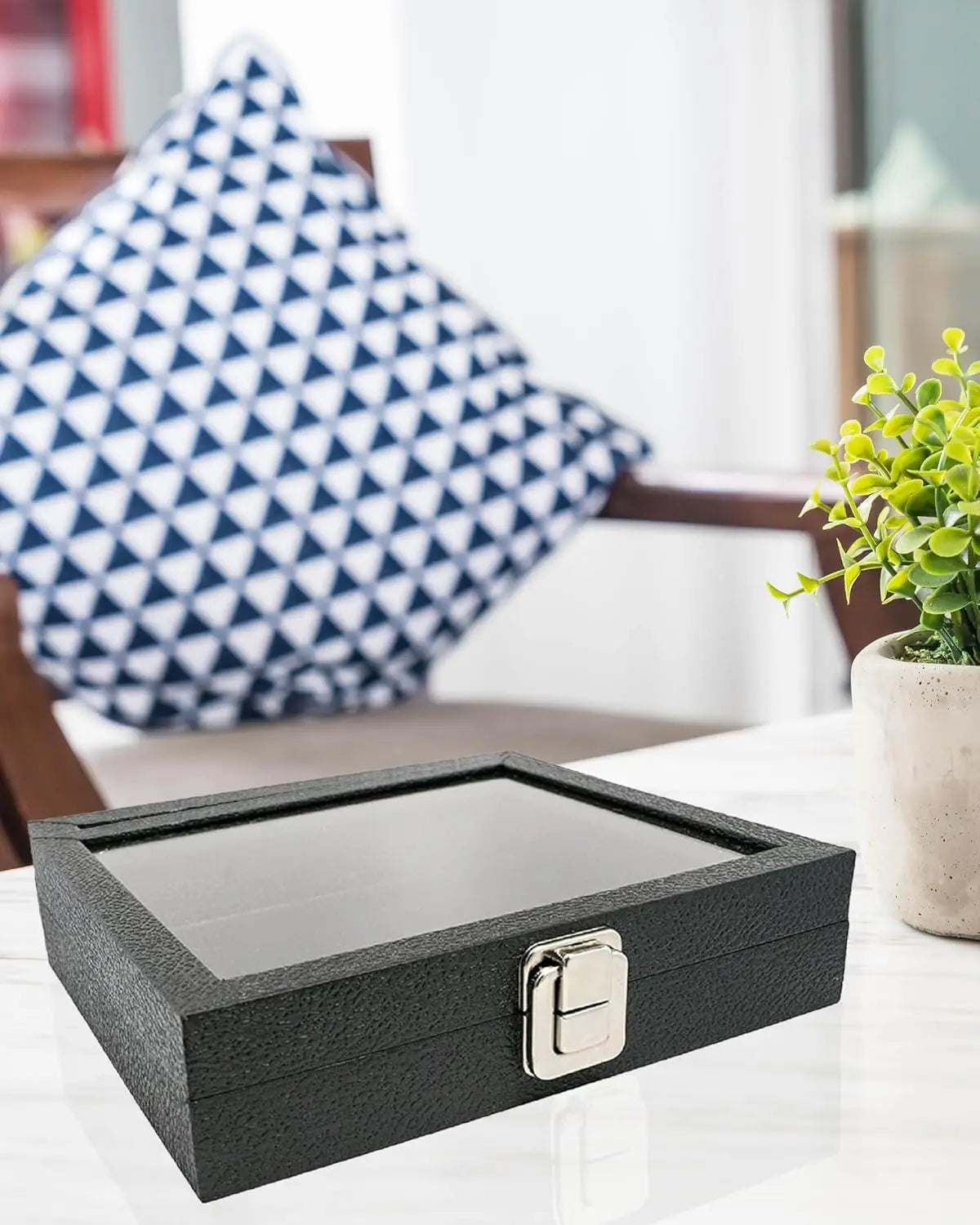 Glass Lid Black Leatherette Display Case Large Jewelry &amp; Collectibles Storage