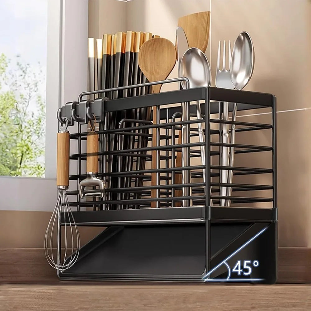 Stainless Steel Utensil Holder with Drain Tray for Kitchen Countertop (Black)
