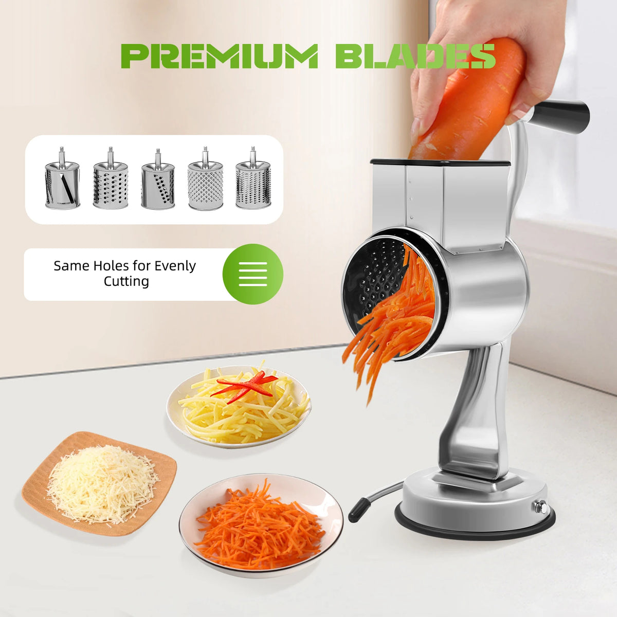 Rotary Grater with 5 Blades Stainless Steel – Manual Drum Grinder Vegetable Slicer
