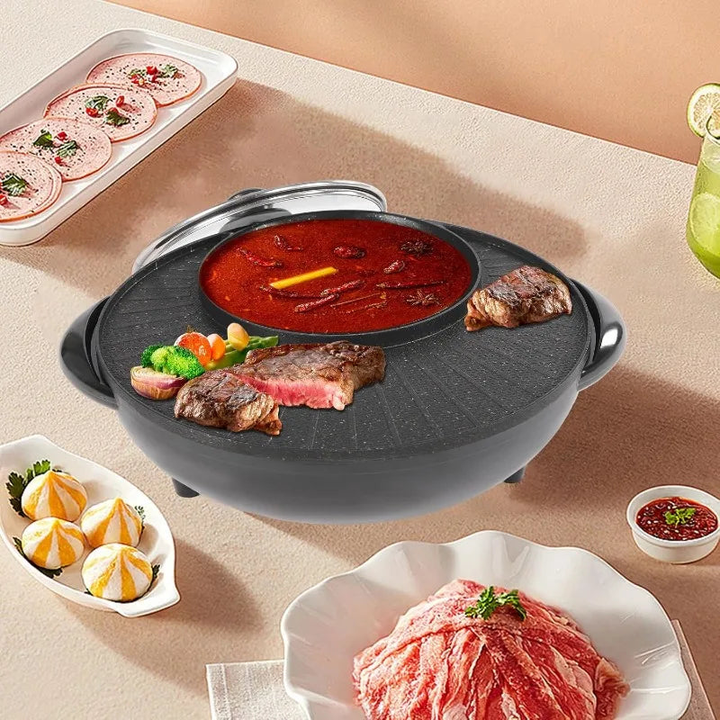 Electric Hot Pot Grill with Divider Portable Smokeless Grill