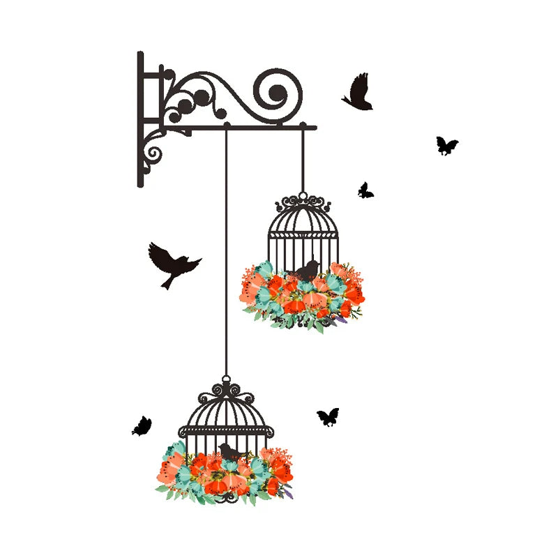 Colorful Flower Birdcage Flying Birds Wall Sticker Creative Home Decor