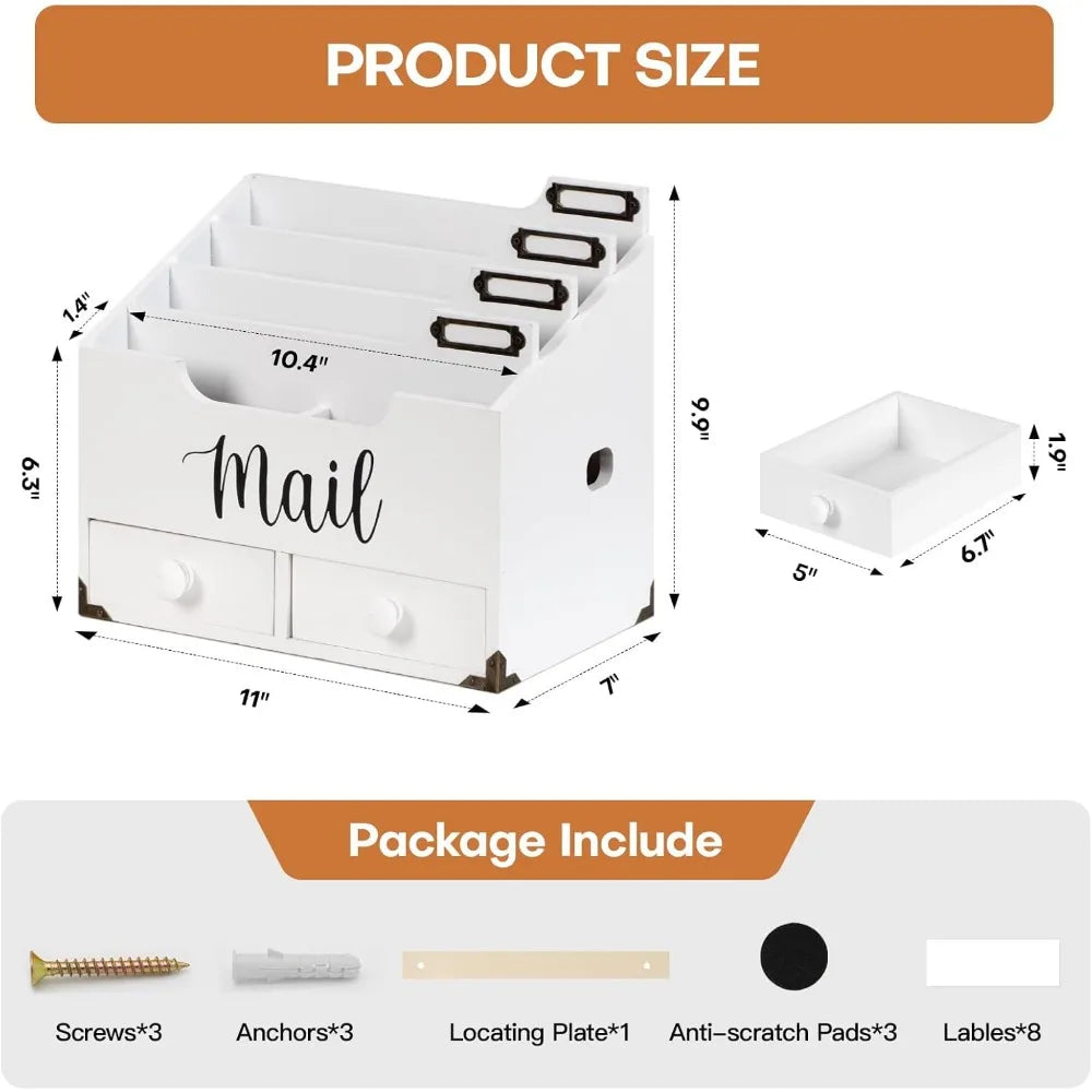 Wood Desktop Mail Organizer with 2 Drawers – 4 Compartment Desk Accessory Sorter for Home Office (White)
