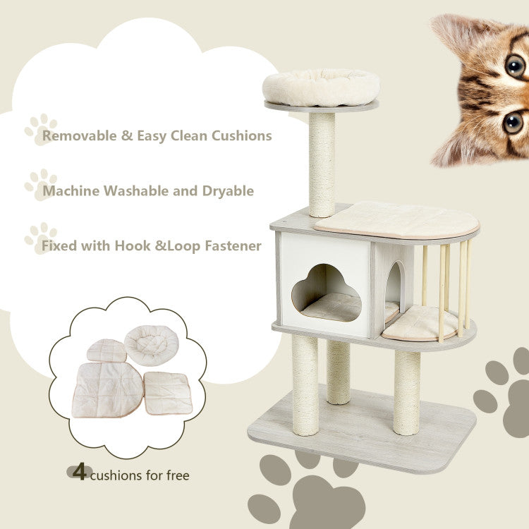 Wooden Cat Activity Tree 46&quot; with Platform and Cushions for Pets