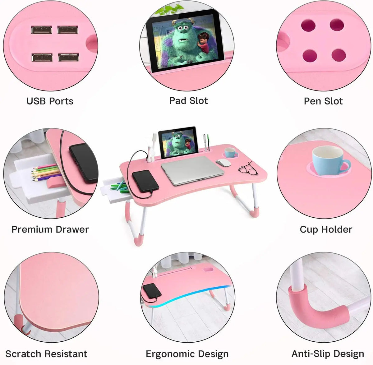 Portable Laptop Bed Table Foldable Desk (Pink)