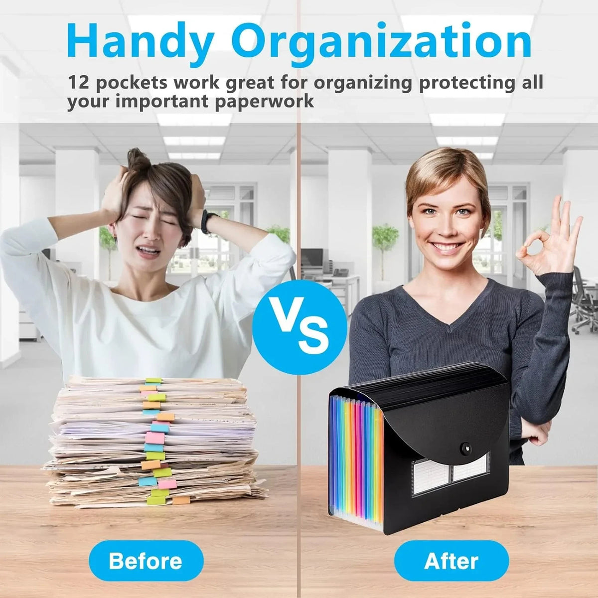 Portable 12-Pocket Expandable File Folder Organizer (Black)