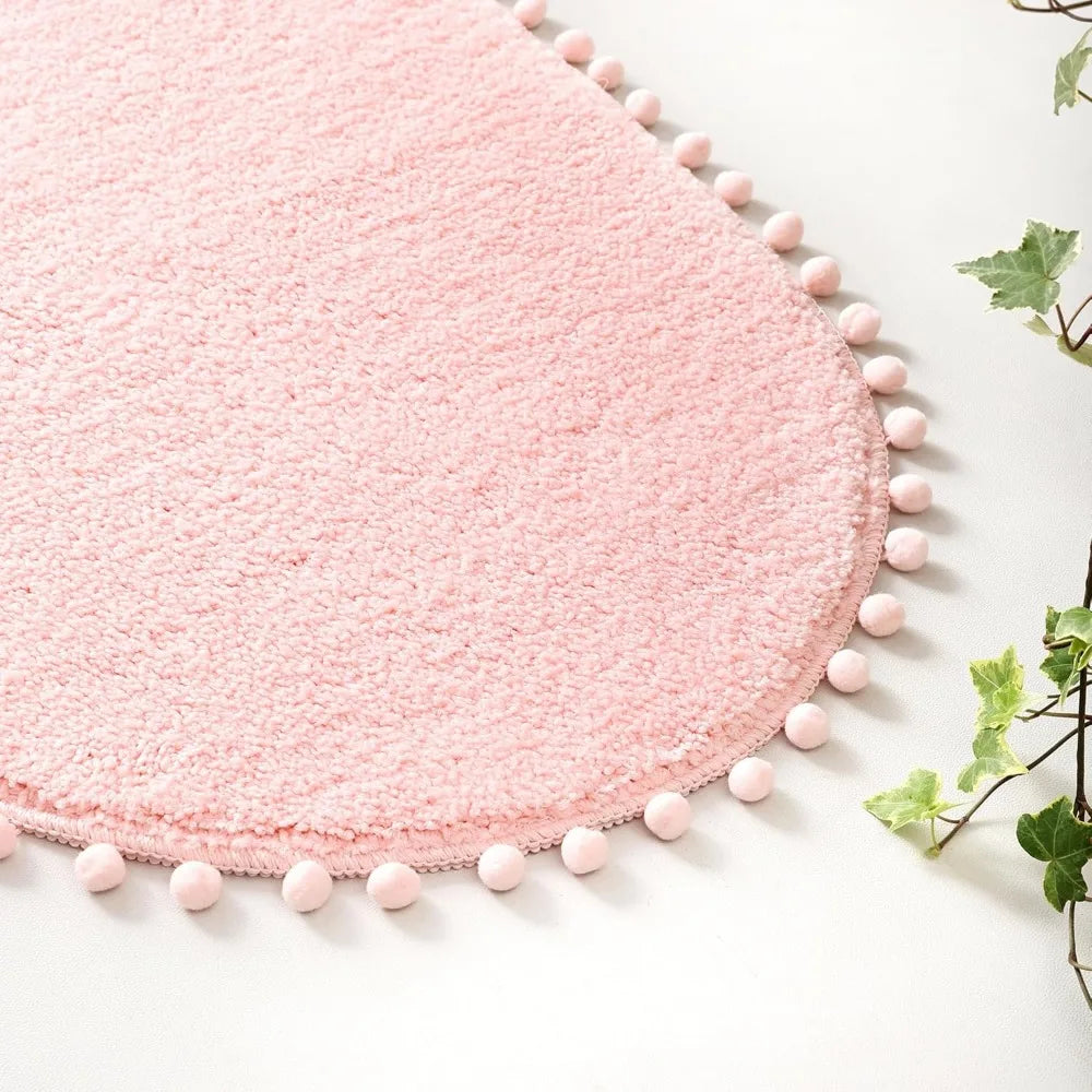 Soft Plush Cute Oval Blush Pink Bathroom Rug with Pom Poms