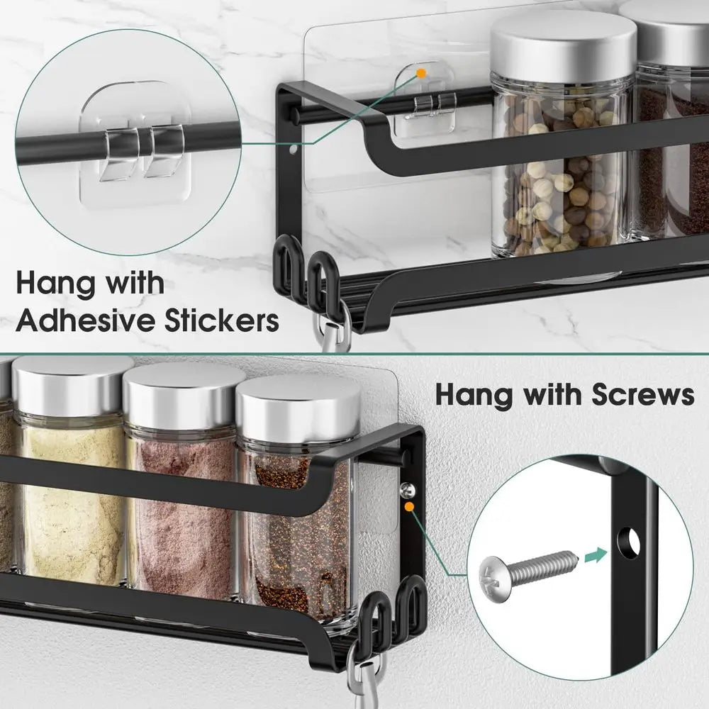 2-Pack Wall-Mounted Spice Rack with 8 Hooks – Space-Saving Kitchen Organizer for Pantry, RV, Camper &amp; Home, Black