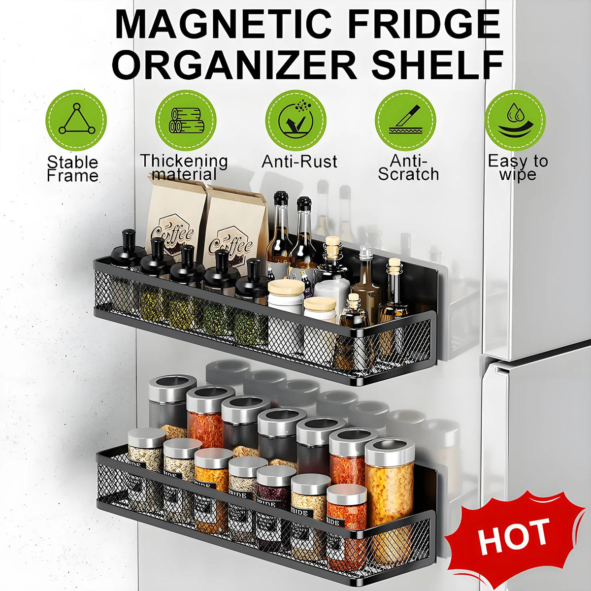 Magnetic Spice Racks 3-Pack for Refrigerator Organizer