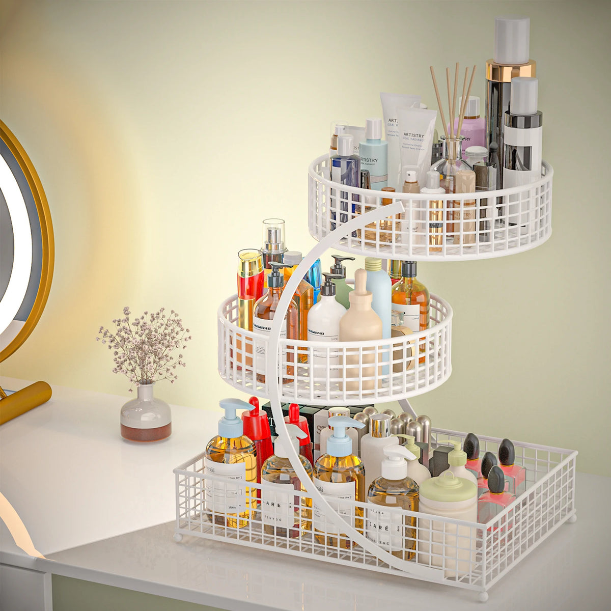 3-Tier Round Metal Storage Rack Cosmetic Organizer (White)