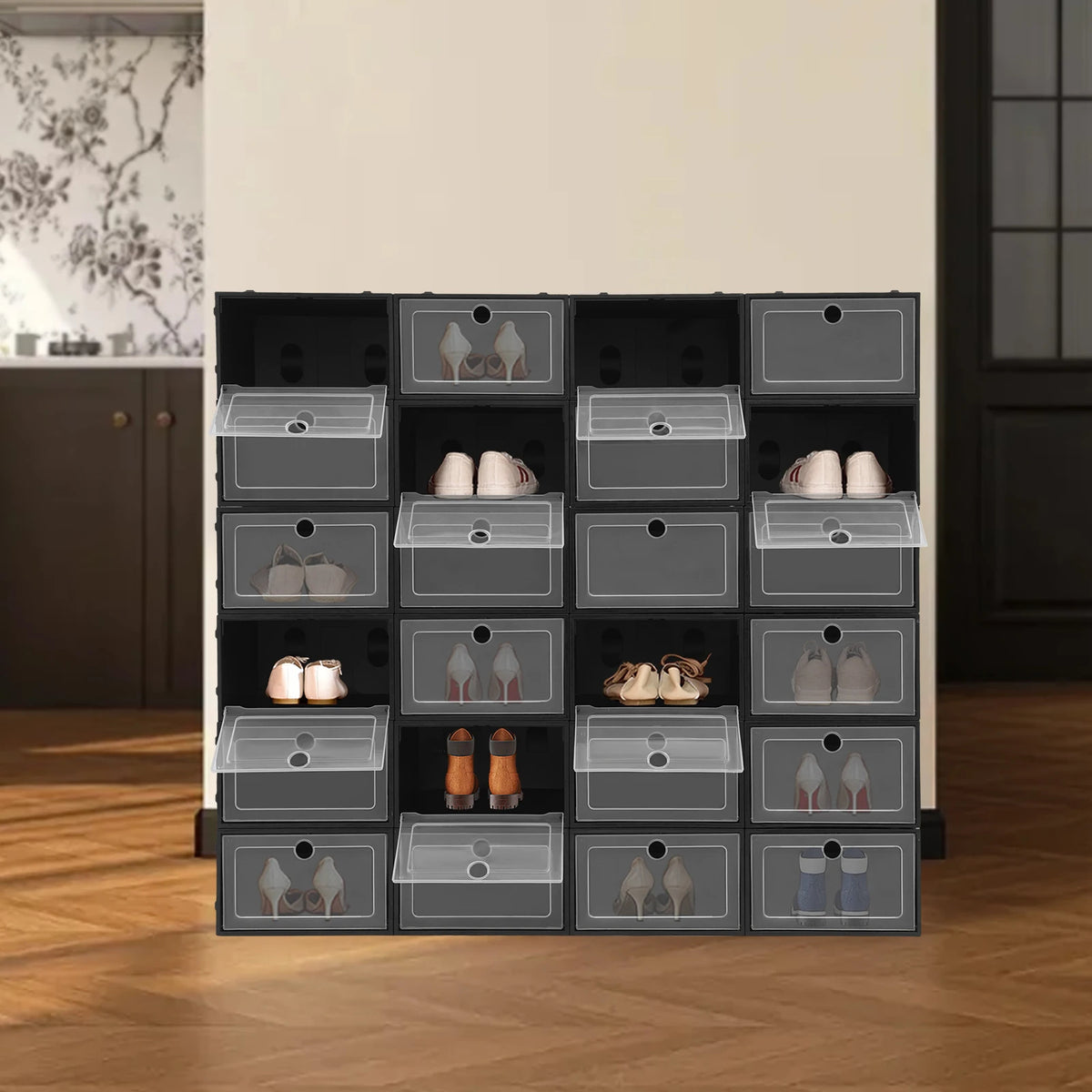 24-Pack Stackable Shoe Storage Box with Clear Front Door (Black)