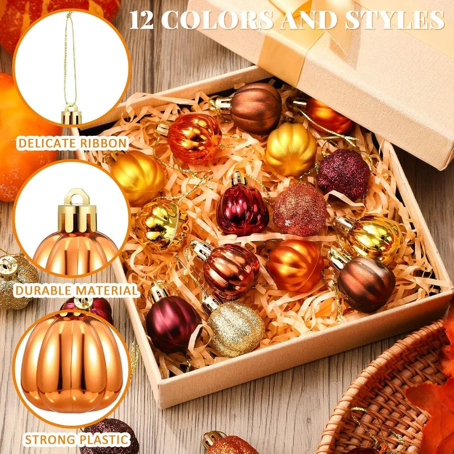 36 Count Small Pumpkin Hanging Ornaments – Rustic Fall Harvest Ball Decorations