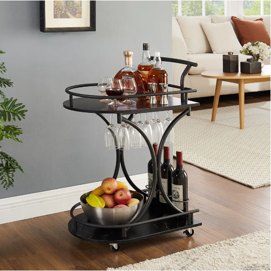 2-Tier Wine Rack Rolling Bar Cart for Living Room