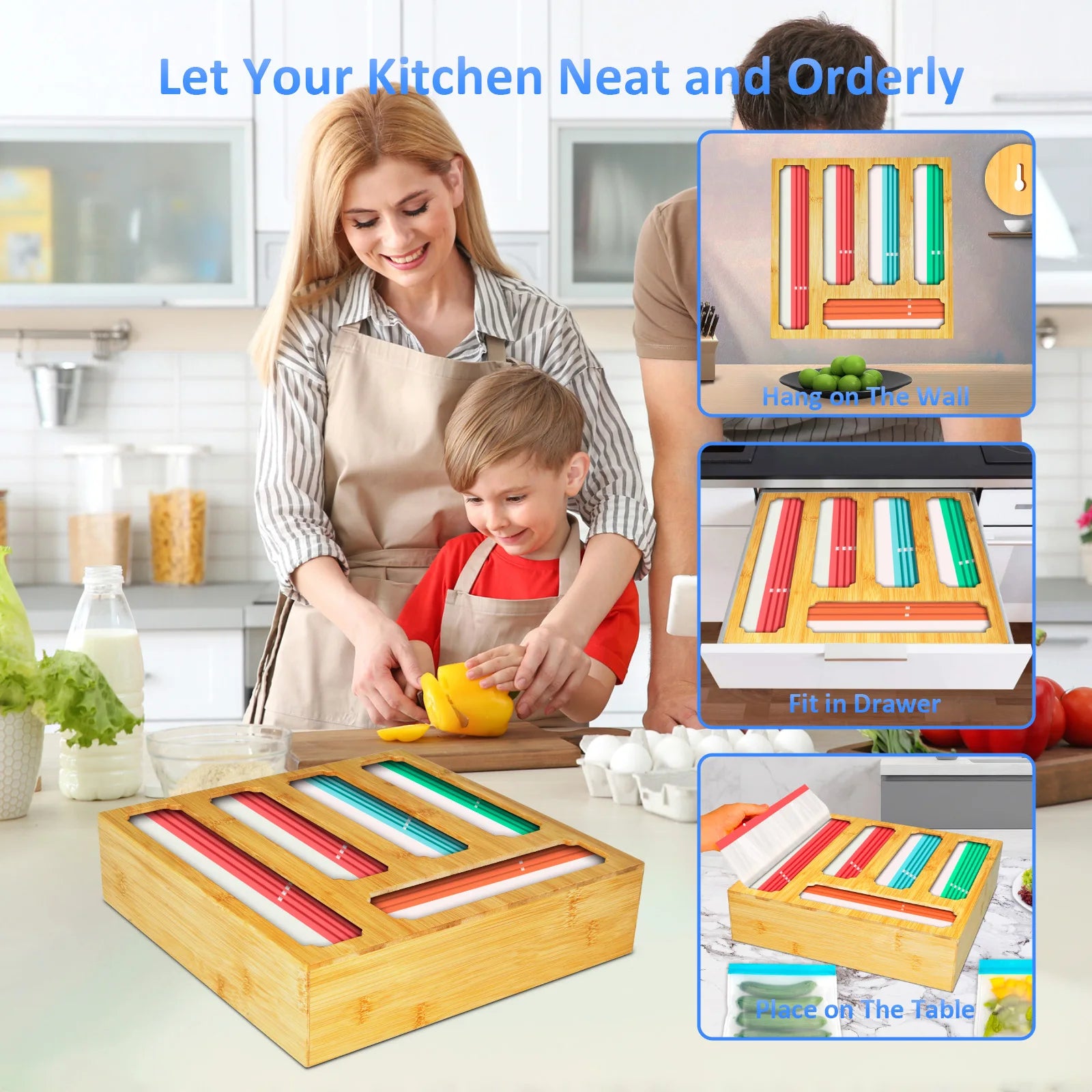 Bamboo Food Storage Bag Organizer for Kitchen Drawers