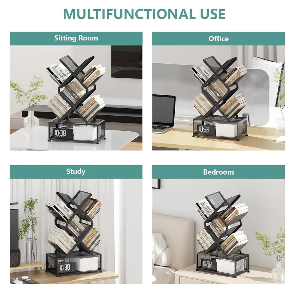 Folding 6-Tier Tree Bookshelf with Storage Cabinet Space-Saving Book Tower