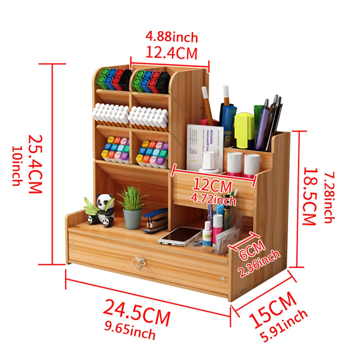 Wooden Desk Organizer with Drawer – Multi-Compartment Pen Holder and Stationery Storage Box for Office, Study Room &amp; Home