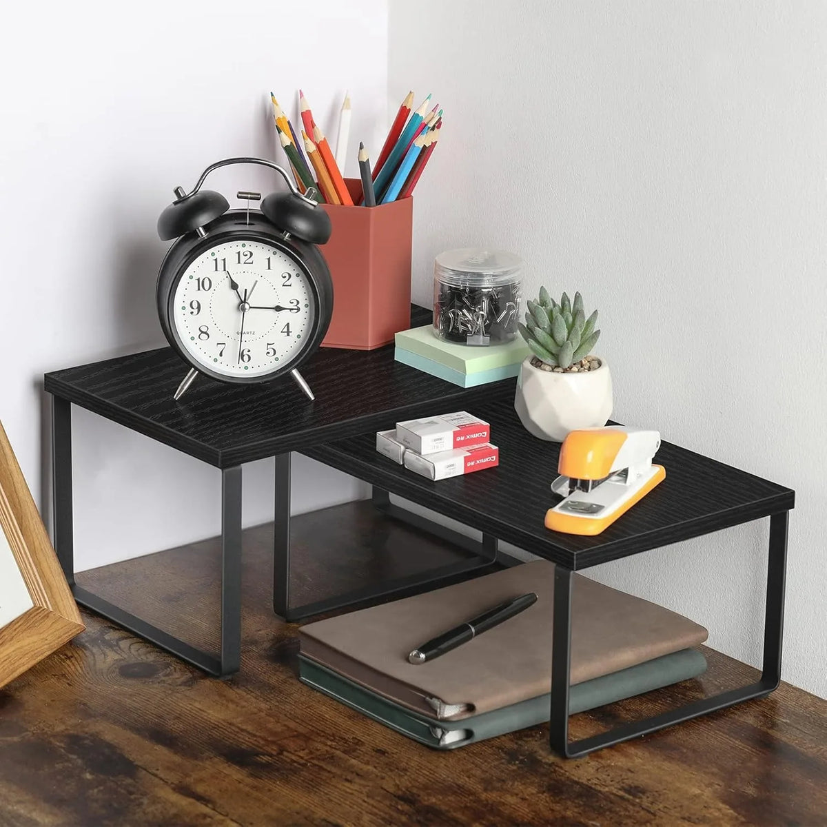 Set of 4 Wooden Stackable Kitchen Shelves Expandable Countertop (Black)