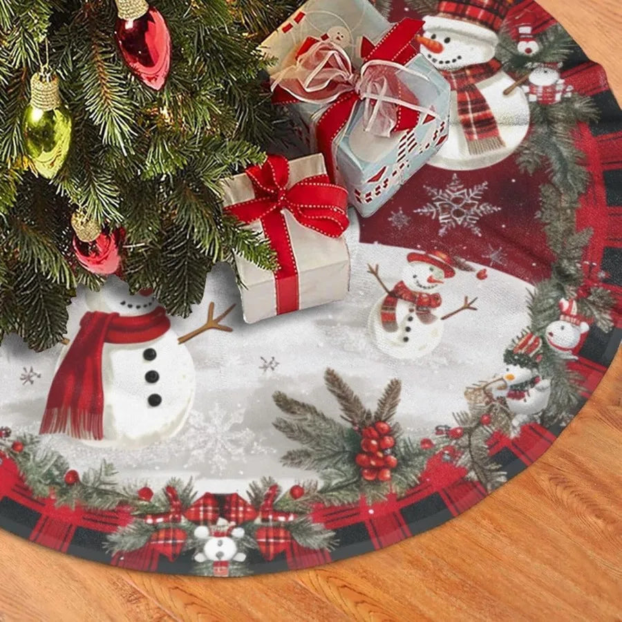 Snowman Christmas Tree Skirt 36 Inch – Farmhouse Style Holiday Decoration with Snowflake and Berry Design