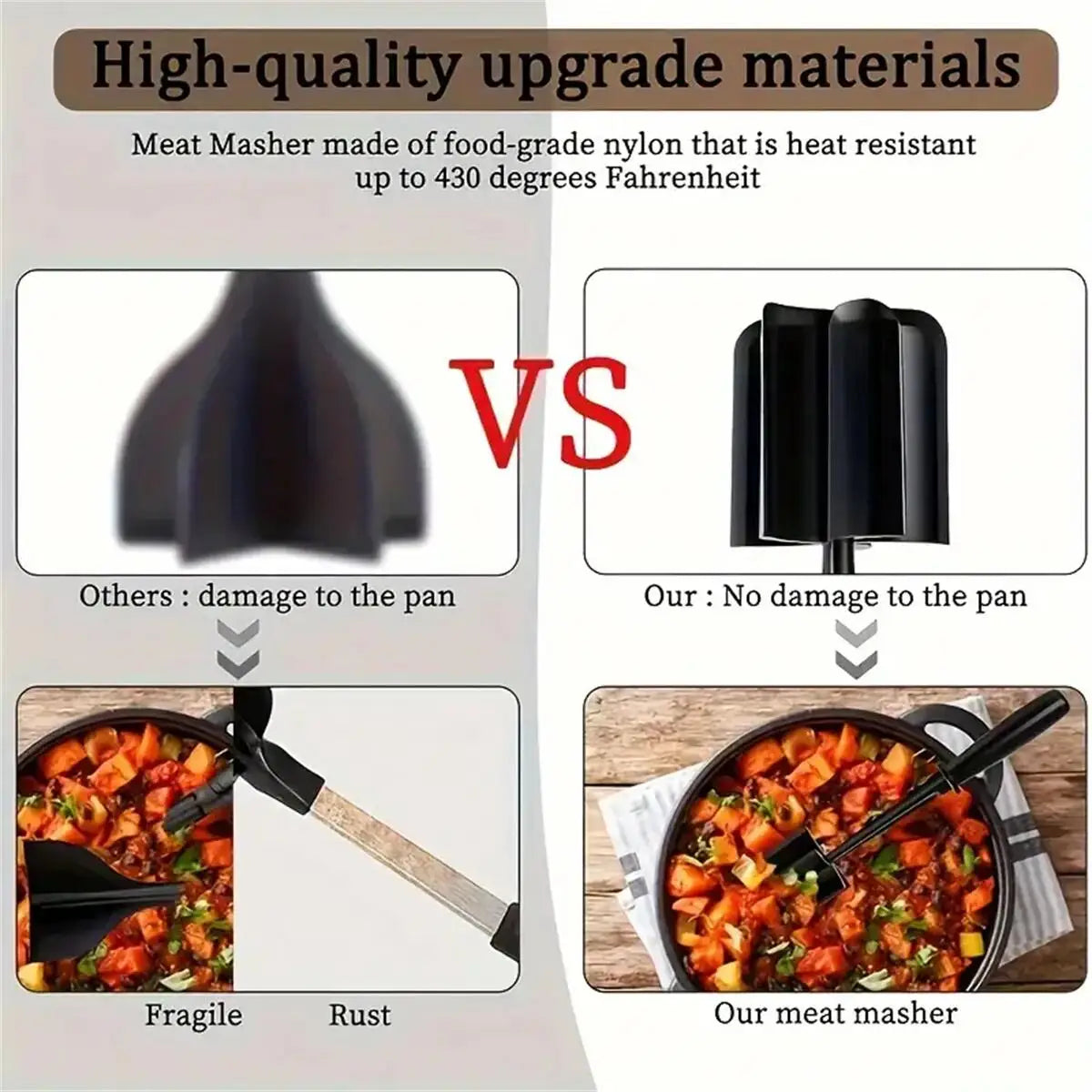 Heat-Resistant Meat Chopper and Ground Beef Smasher – Multifunctional Hamburger Meat Masher for Kitchen Cooking
