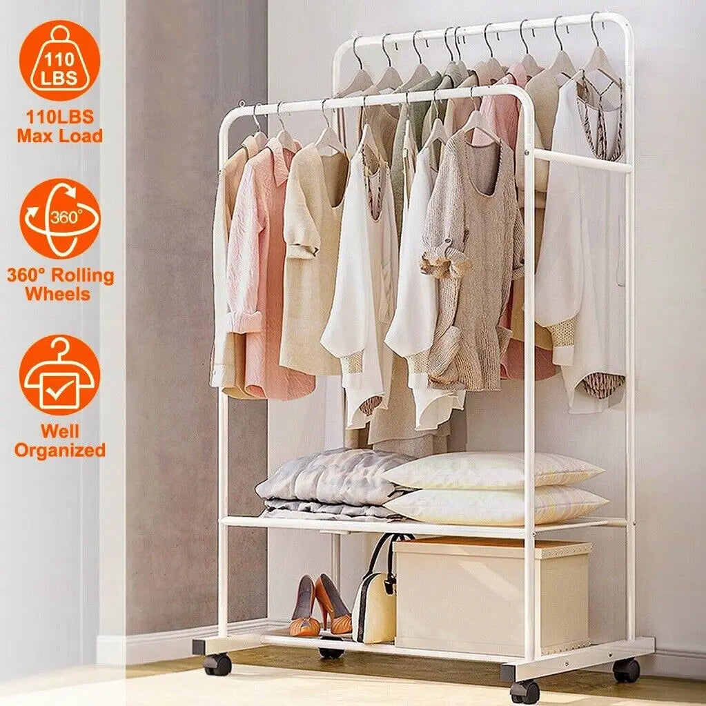 Rolling Clothes Rack Heavy Duty Metal 360° Wheels Coat Hanger Stand (White)