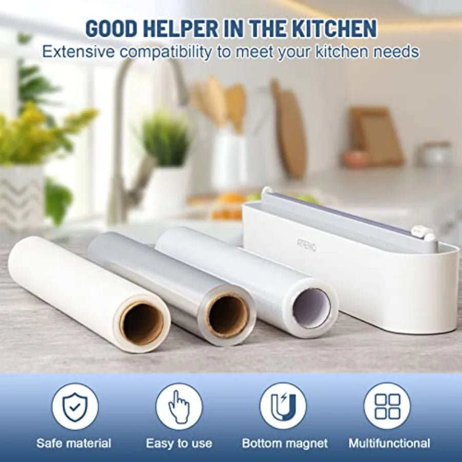 Magnetic Refillable Plastic Wrap Dispenser with Cutter