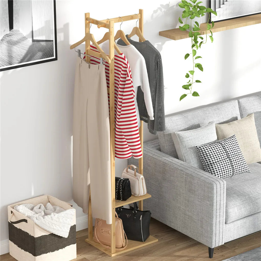Bamboo Garment Rack with 2-Tier Storage Shelves – Freestanding Wooden Clothes Hanging Rack &amp; Closet Organizer