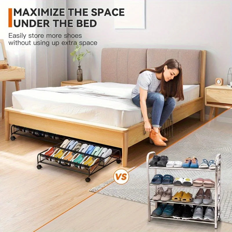 Underbed Shoe Storage Organizer Cabinet with Wheels and Breathable Mesh for Home Dorm