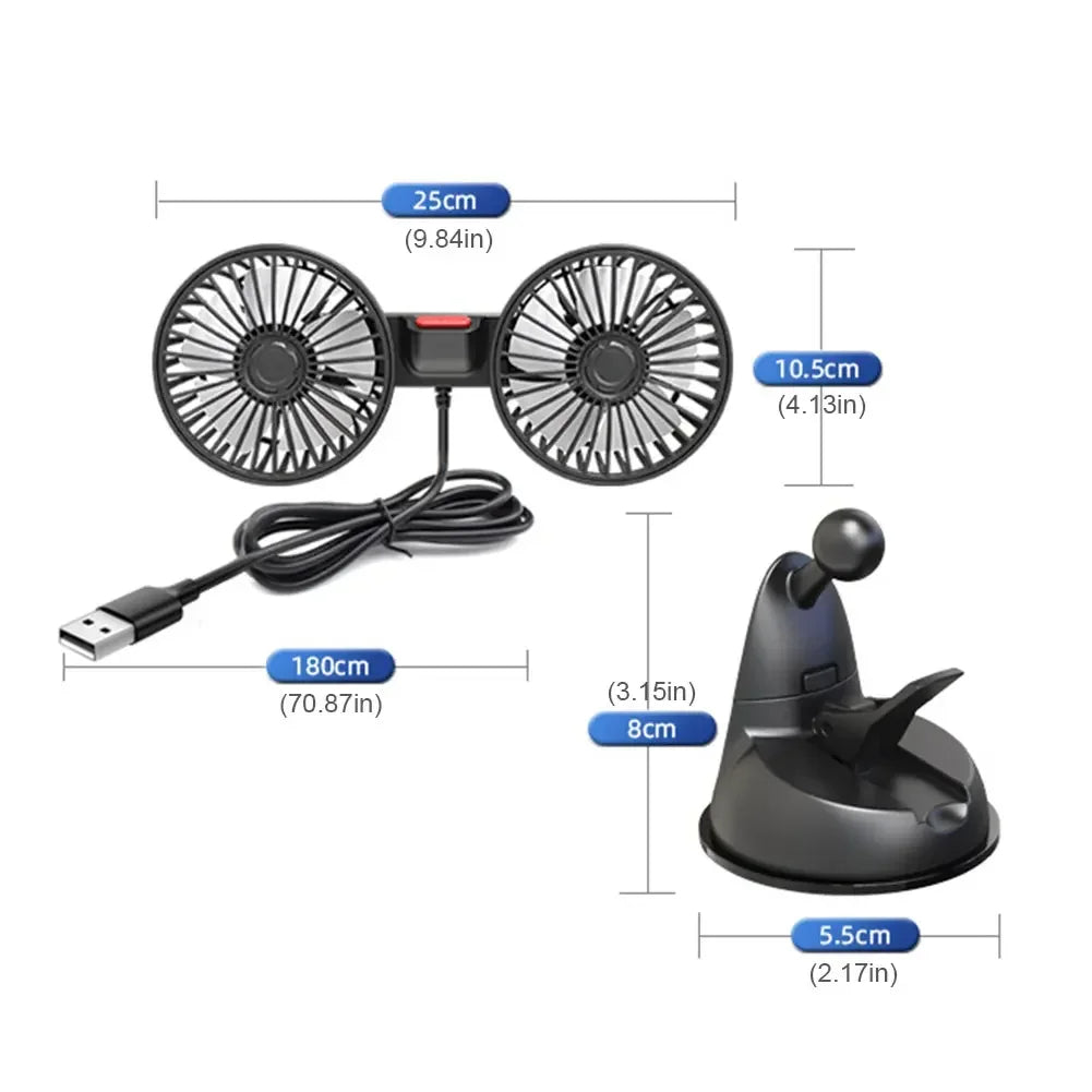 Portable USB Car Fan with Dual Heads 360° Rotation 3 Speeds