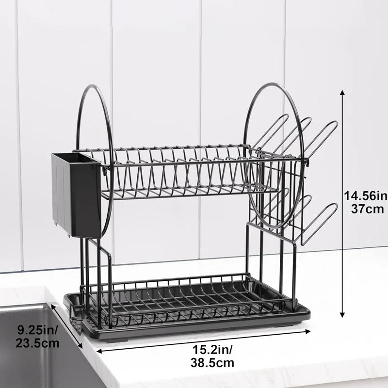 Double-Layer Dish Drainer with Utensil Holder for Kitchen Organization