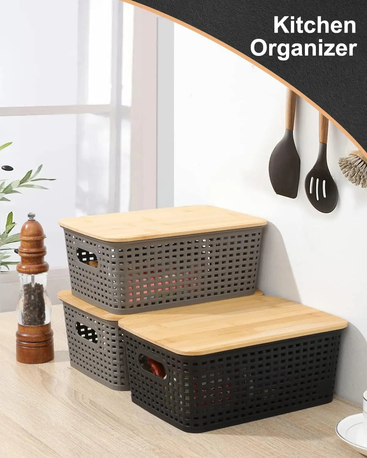 Plastic Storage Bins with Bamboo Lids 6PCS for Kitchen Room Bedroom Organizer