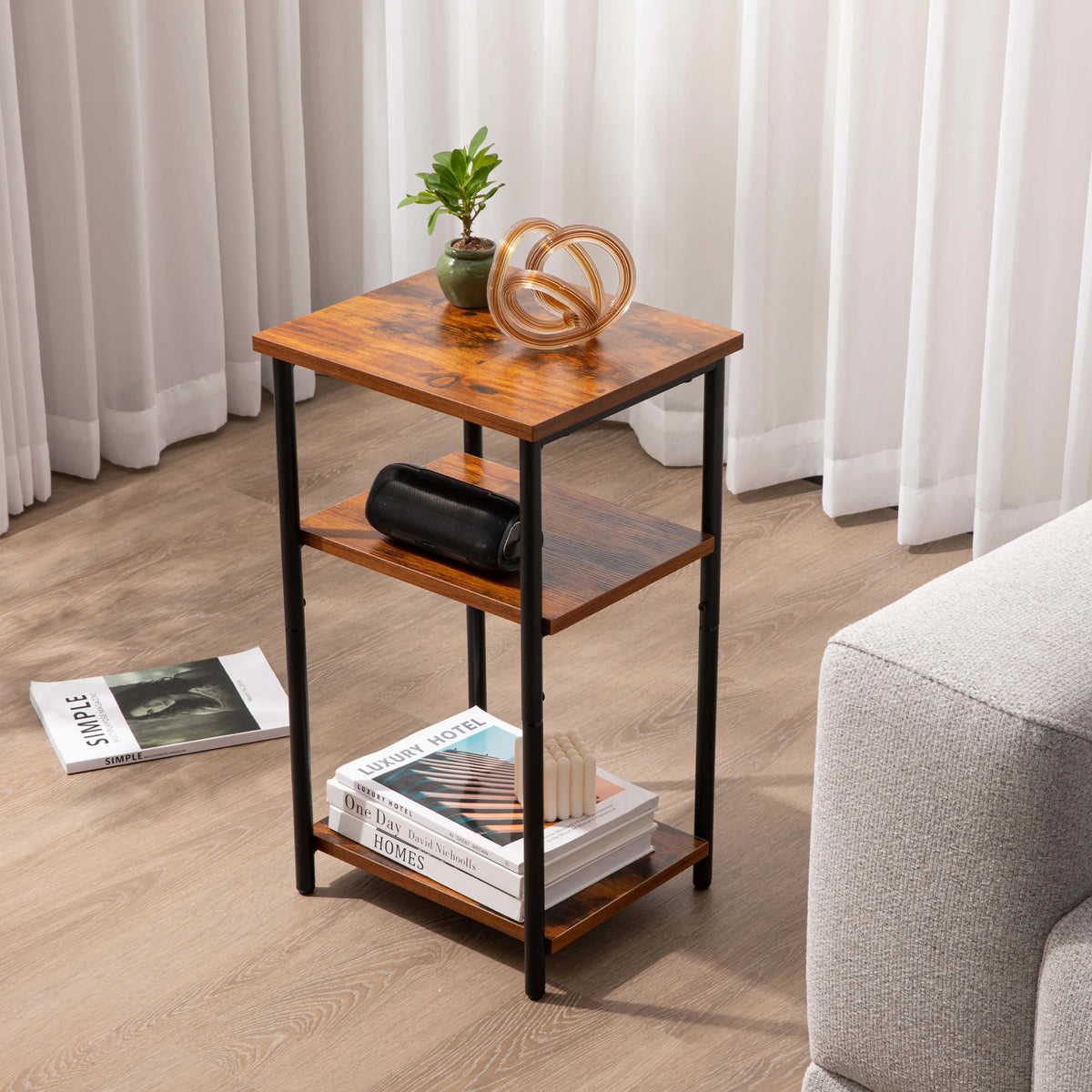 Modern 3-Shelf Side Table Heavy-Duty Steel Frame Nightstand