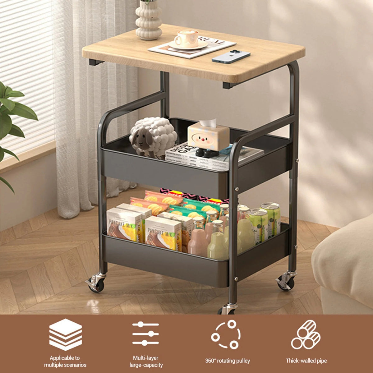 3-Tier Rolling Cart Wood Tabletop Utility Organizer (White)